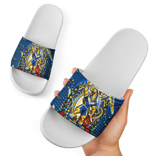 Personalized Parramatta Eels Rugby Christmas Slide Sandals Holiday Mascot Graphic Art Festive Lights Bow