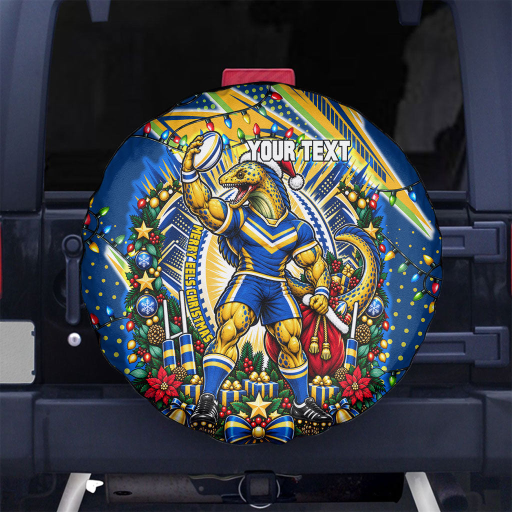 Personalized Parramatta Eels Rugby Christmas Spare Tire Cover Holiday Mascot Graphic Art Festive Lights Bow