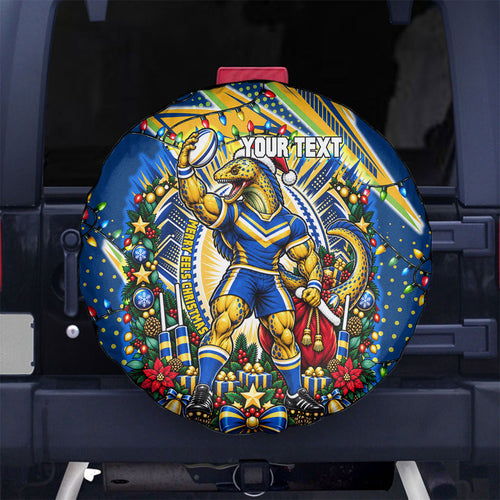 Personalized Parramatta Eels Rugby Christmas Spare Tire Cover Holiday Mascot Graphic Art Festive Lights Bow