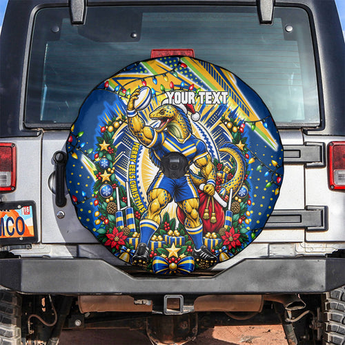 Personalized Parramatta Eels Rugby Christmas Spare Tire Cover Holiday Mascot Graphic Art Festive Lights Bow