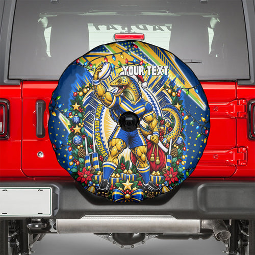 Personalized Parramatta Eels Rugby Christmas Spare Tire Cover Holiday Mascot Graphic Art Festive Lights Bow