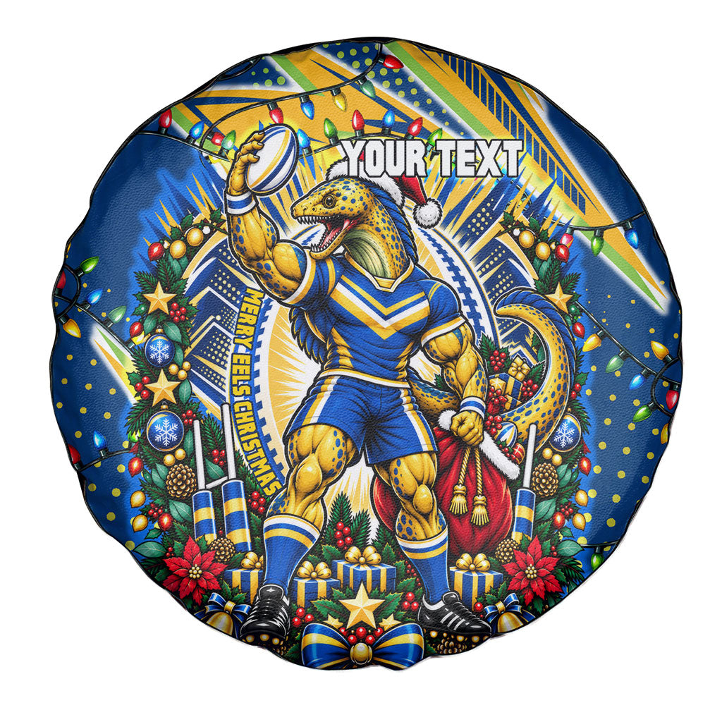 Personalized Parramatta Eels Rugby Christmas Spare Tire Cover Holiday Mascot Graphic Art Festive Lights Bow
