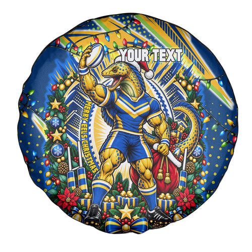 Personalized Parramatta Eels Rugby Christmas Spare Tire Cover Holiday Mascot Graphic Art Festive Lights Bow