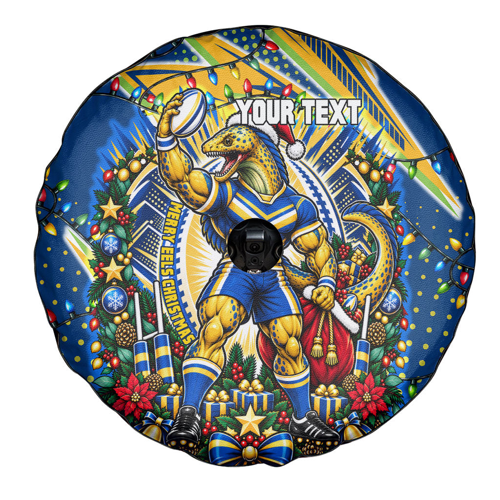 Personalized Parramatta Eels Rugby Christmas Spare Tire Cover Holiday Mascot Graphic Art Festive Lights Bow