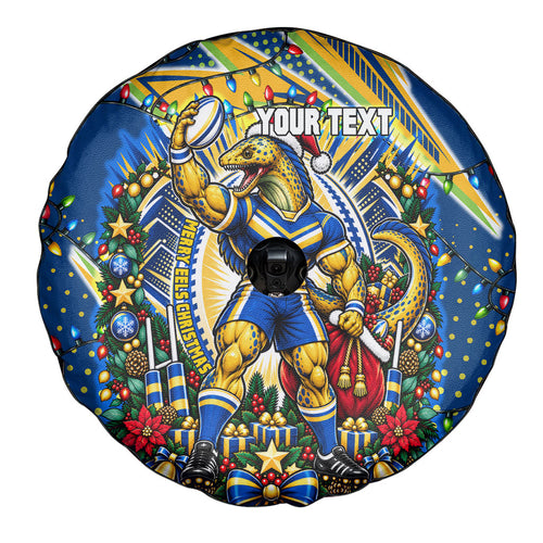 Personalized Parramatta Eels Rugby Christmas Spare Tire Cover Holiday Mascot Graphic Art Festive Lights Bow