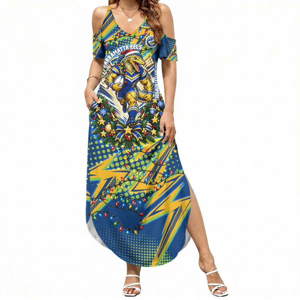 Personalized Parramatta Eels Rugby Christmas Summer Maxi Dress Holiday Mascot Graphic Art Festive Lights Bow