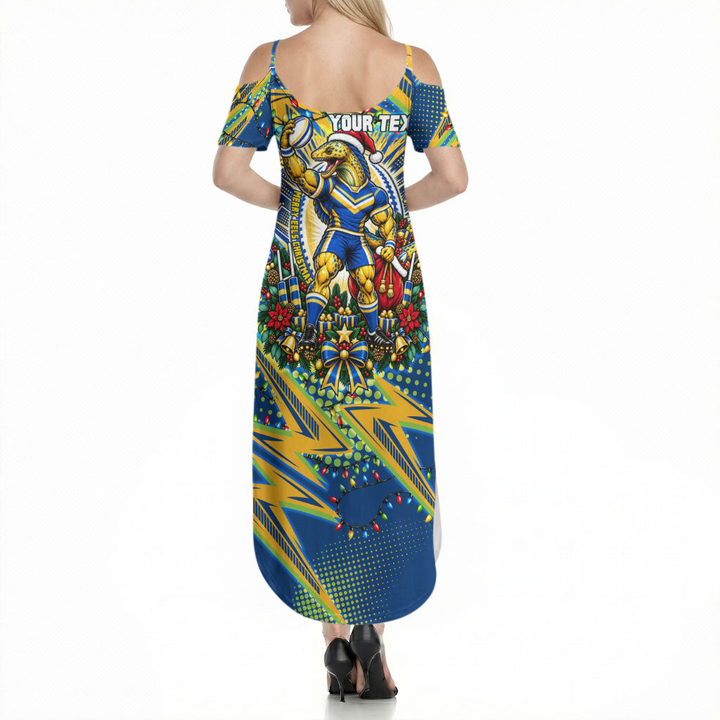 Personalized Parramatta Eels Rugby Christmas Summer Maxi Dress Holiday Mascot Graphic Art Festive Lights Bow
