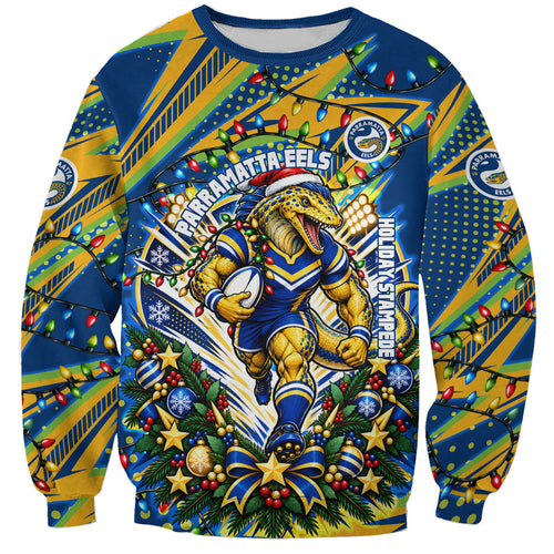 Personalized Parramatta Eels Rugby Christmas Sweatshirt Holiday Mascot Graphic Art Festive Lights Bow