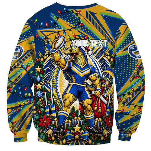 Personalized Parramatta Eels Rugby Christmas Sweatshirt Holiday Mascot Graphic Art Festive Lights Bow