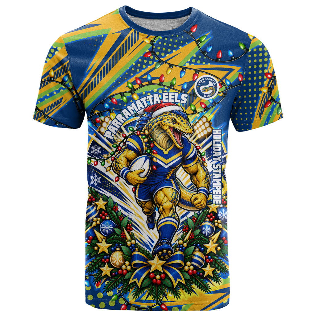 Personalized Parramatta Eels Rugby Christmas T Shirt Holiday Mascot Graphic Art Festive Lights Bow