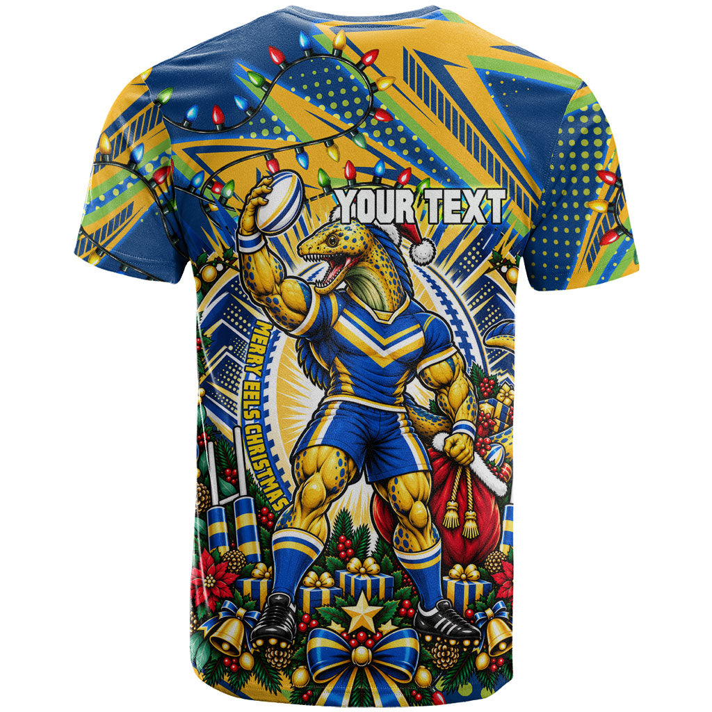 Personalized Parramatta Eels Rugby Christmas T Shirt Holiday Mascot Graphic Art Festive Lights Bow