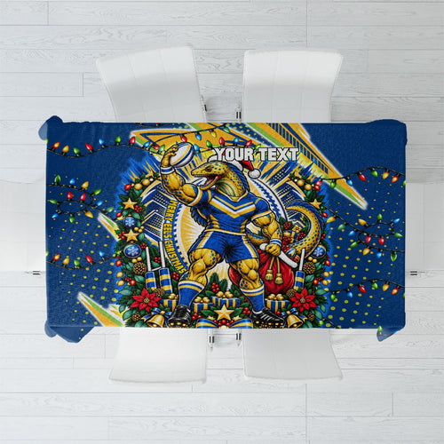 Personalized Parramatta Eels Rugby Christmas Tablecloth Holiday Mascot Graphic Art Festive Lights Bow