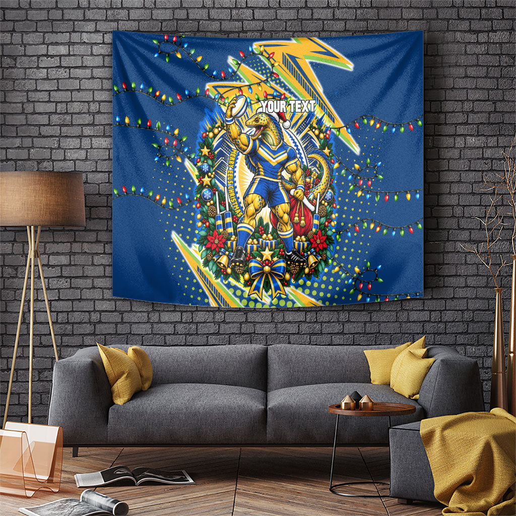 Personalized Parramatta Eels Rugby Christmas Tapestry Holiday Mascot Graphic Art Festive Lights Bow
