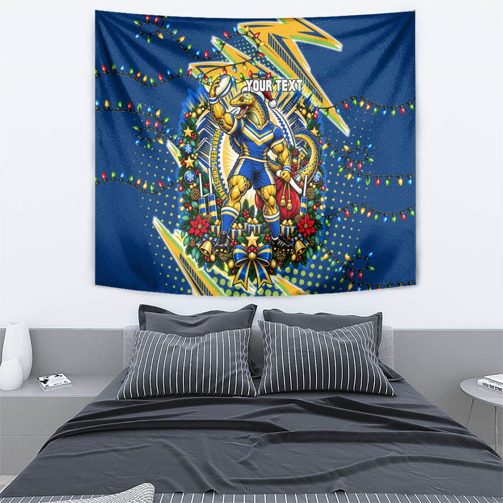 Personalized Parramatta Eels Rugby Christmas Tapestry Holiday Mascot Graphic Art Festive Lights Bow