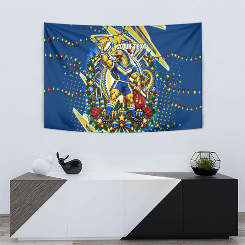 Personalized Parramatta Eels Rugby Christmas Tapestry Holiday Mascot Graphic Art Festive Lights Bow