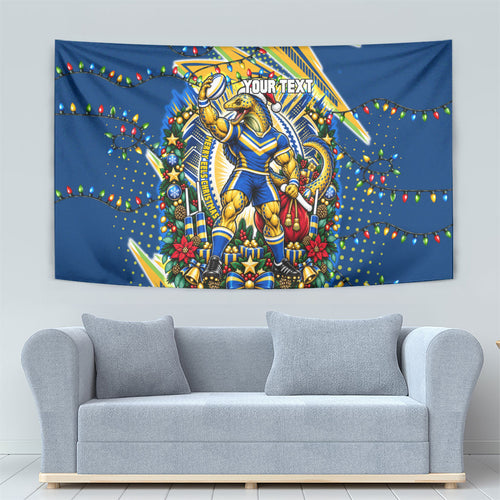 Personalized Parramatta Eels Rugby Christmas Tapestry Holiday Mascot Graphic Art Festive Lights Bow