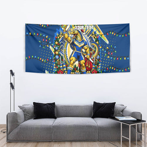 Personalized Parramatta Eels Rugby Christmas Tapestry Holiday Mascot Graphic Art Festive Lights Bow