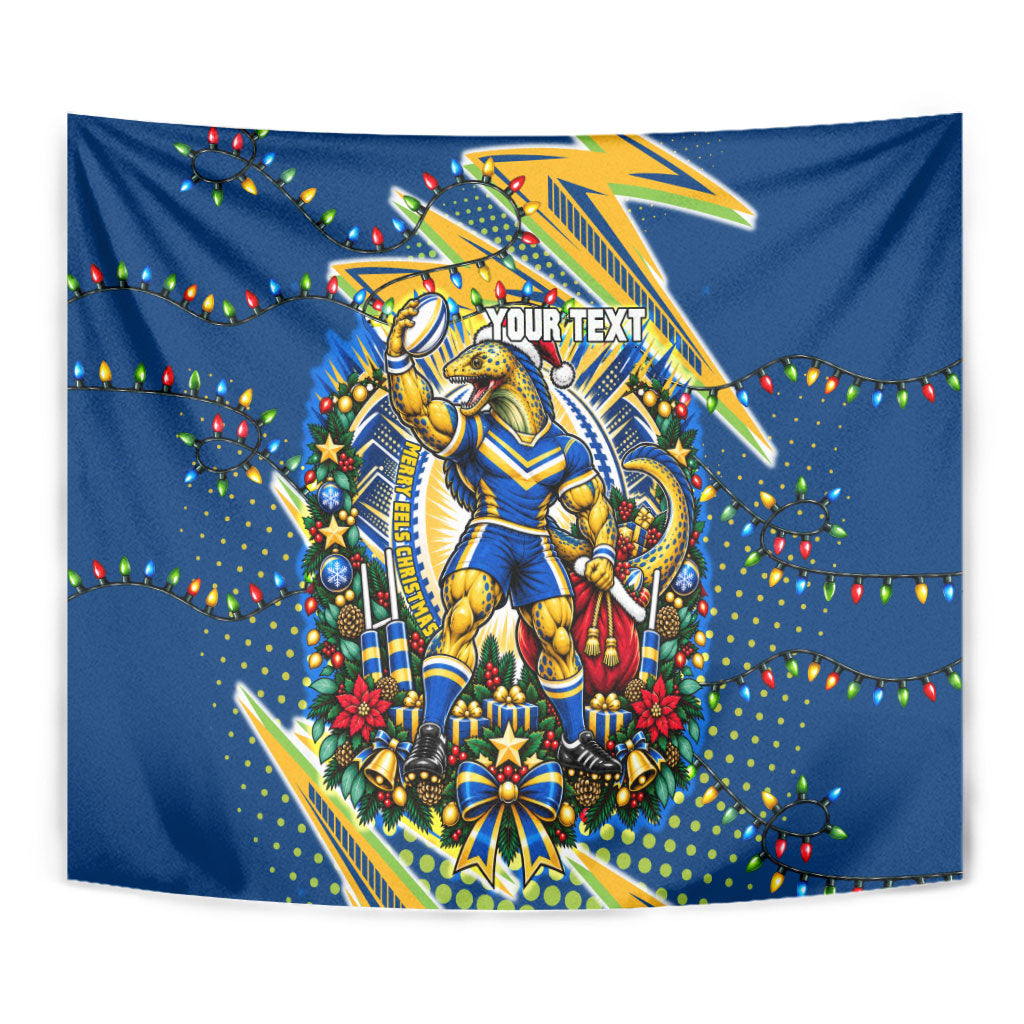 Personalized Parramatta Eels Rugby Christmas Tapestry Holiday Mascot Graphic Art Festive Lights Bow