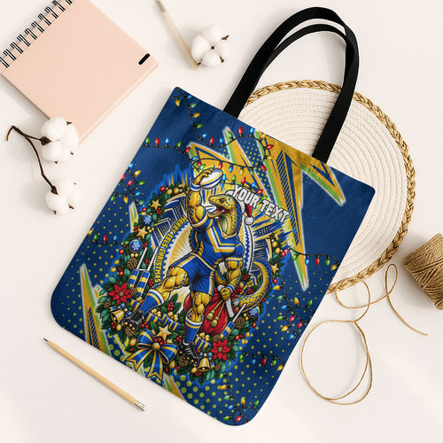 Personalized Parramatta Eels Rugby Christmas Tote Bag Holiday Mascot Graphic Art Festive Lights Bow
