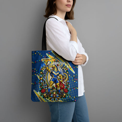 Personalized Parramatta Eels Rugby Christmas Tote Bag Holiday Mascot Graphic Art Festive Lights Bow