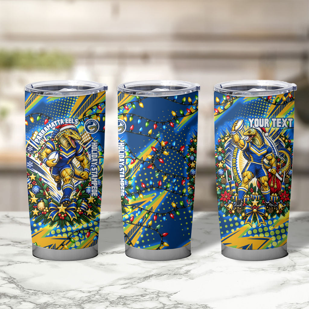Personalized Parramatta Eels Rugby Christmas Tumbler Cup Holiday Mascot Graphic Art Festive Lights Bow