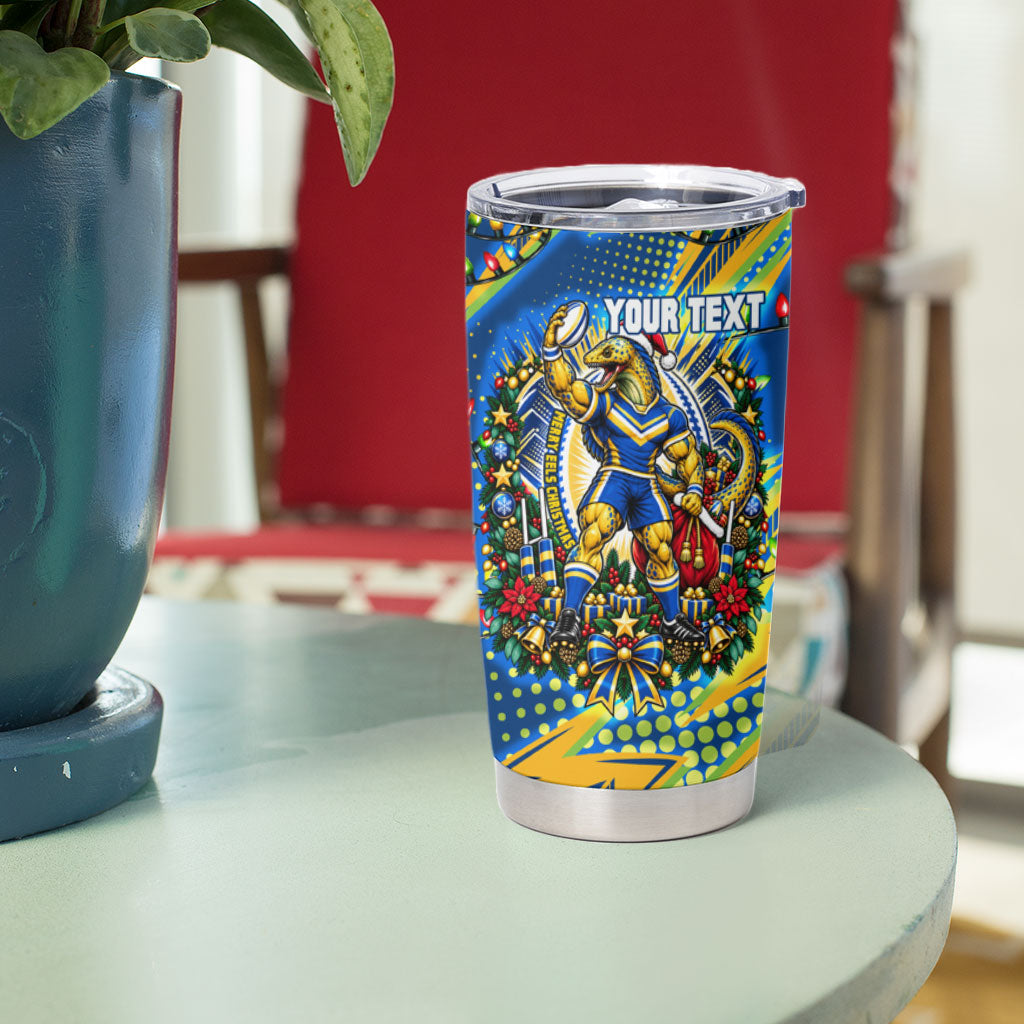 Personalized Parramatta Eels Rugby Christmas Tumbler Cup Holiday Mascot Graphic Art Festive Lights Bow