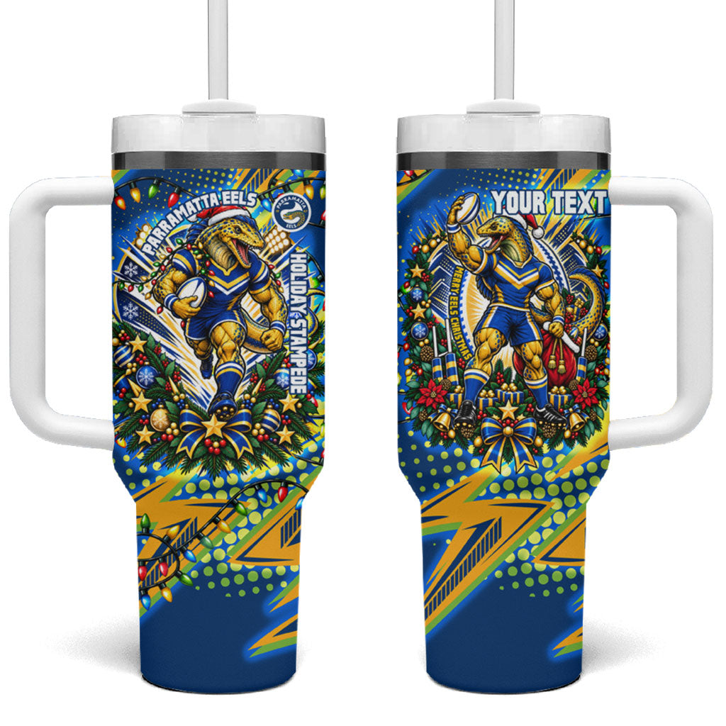Personalized Parramatta Eels Rugby Christmas Tumbler With Handle Holiday Mascot Graphic Art Festive Lights Bow