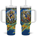 Personalized Parramatta Eels Rugby Christmas Tumbler With Handle Holiday Mascot Graphic Art Festive Lights Bow