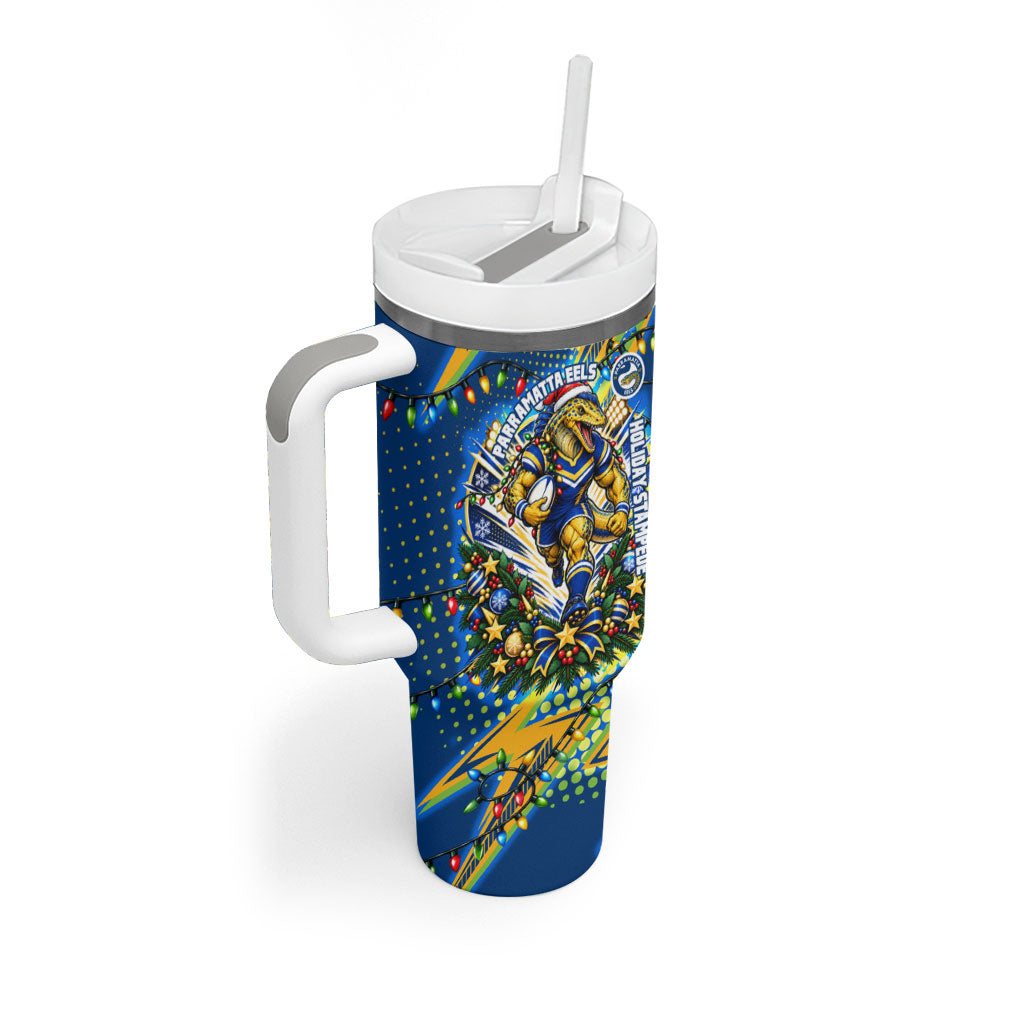 Personalized Parramatta Eels Rugby Christmas Tumbler With Handle Holiday Mascot Graphic Art Festive Lights Bow