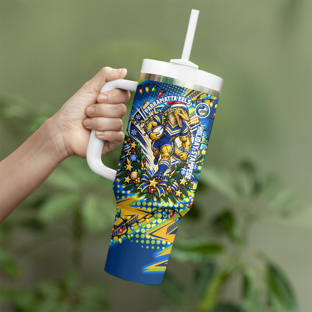 Personalized Parramatta Eels Rugby Christmas Tumbler With Handle Holiday Mascot Graphic Art Festive Lights Bow
