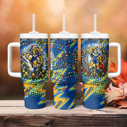 Personalized Parramatta Eels Rugby Christmas Tumbler With Handle Holiday Mascot Graphic Art Festive Lights Bow