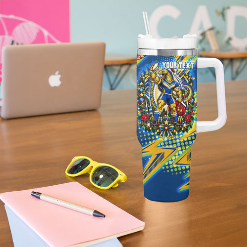 Personalized Parramatta Eels Rugby Christmas Tumbler With Handle Holiday Mascot Graphic Art Festive Lights Bow