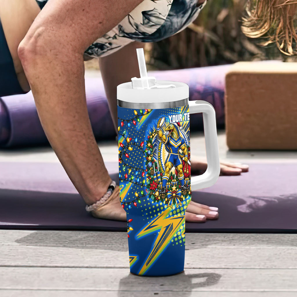 Personalized Parramatta Eels Rugby Christmas Tumbler With Handle Holiday Mascot Graphic Art Festive Lights Bow
