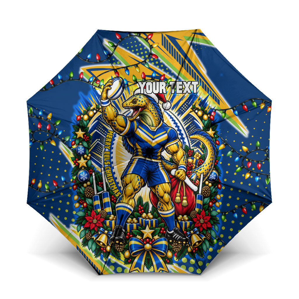 Personalized Parramatta Eels Rugby Christmas Umbrella Holiday Mascot Graphic Art Festive Lights Bow