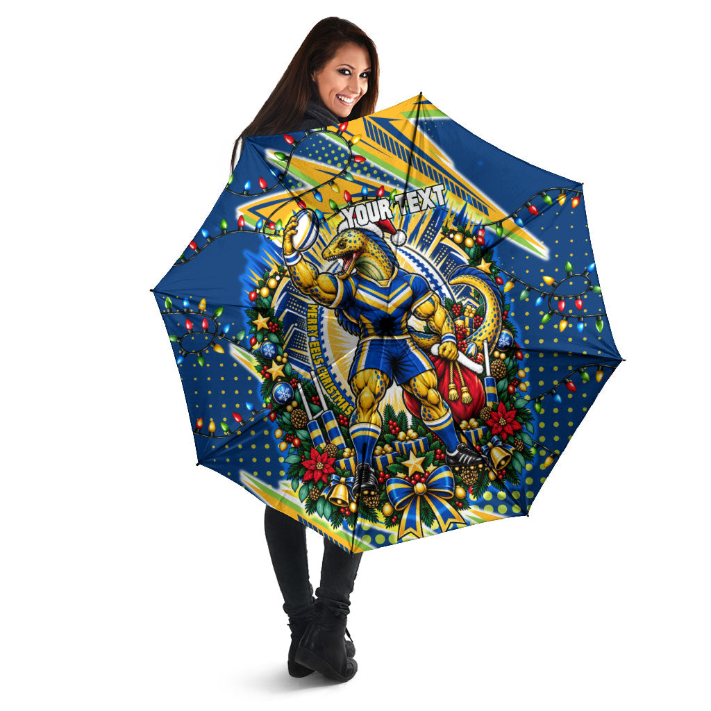 Personalized Parramatta Eels Rugby Christmas Umbrella Holiday Mascot Graphic Art Festive Lights Bow