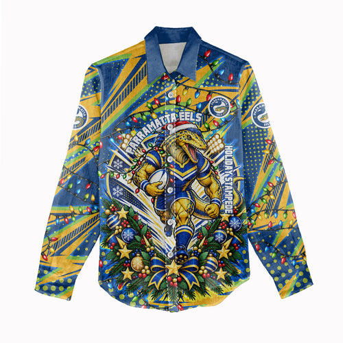 Personalized Parramatta Eels Rugby Christmas Women Casual Shirt Holiday Mascot Graphic Art Festive Lights Bow
