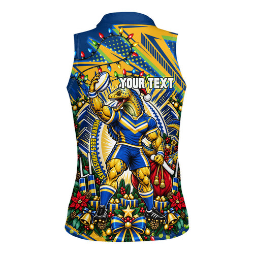 Personalized Parramatta Eels Rugby Christmas Women Sleeveless Polo Shirt Holiday Mascot Graphic Art Festive Lights Bow