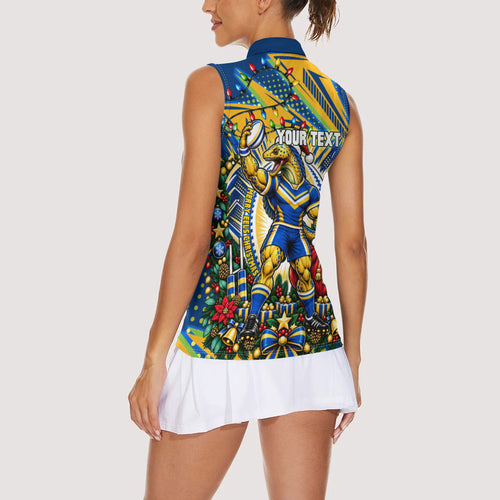 Personalized Parramatta Eels Rugby Christmas Women Sleeveless Polo Shirt Holiday Mascot Graphic Art Festive Lights Bow