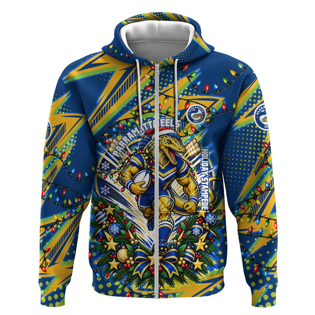 Personalized Parramatta Eels Rugby Christmas Zip Hoodie Holiday Mascot Graphic Art Festive Lights Bow