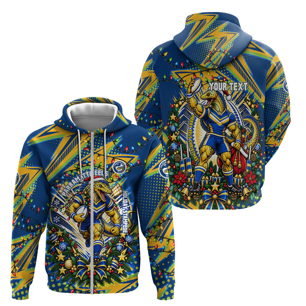 Personalized Parramatta Eels Rugby Christmas Zip Hoodie Holiday Mascot Graphic Art Festive Lights Bow