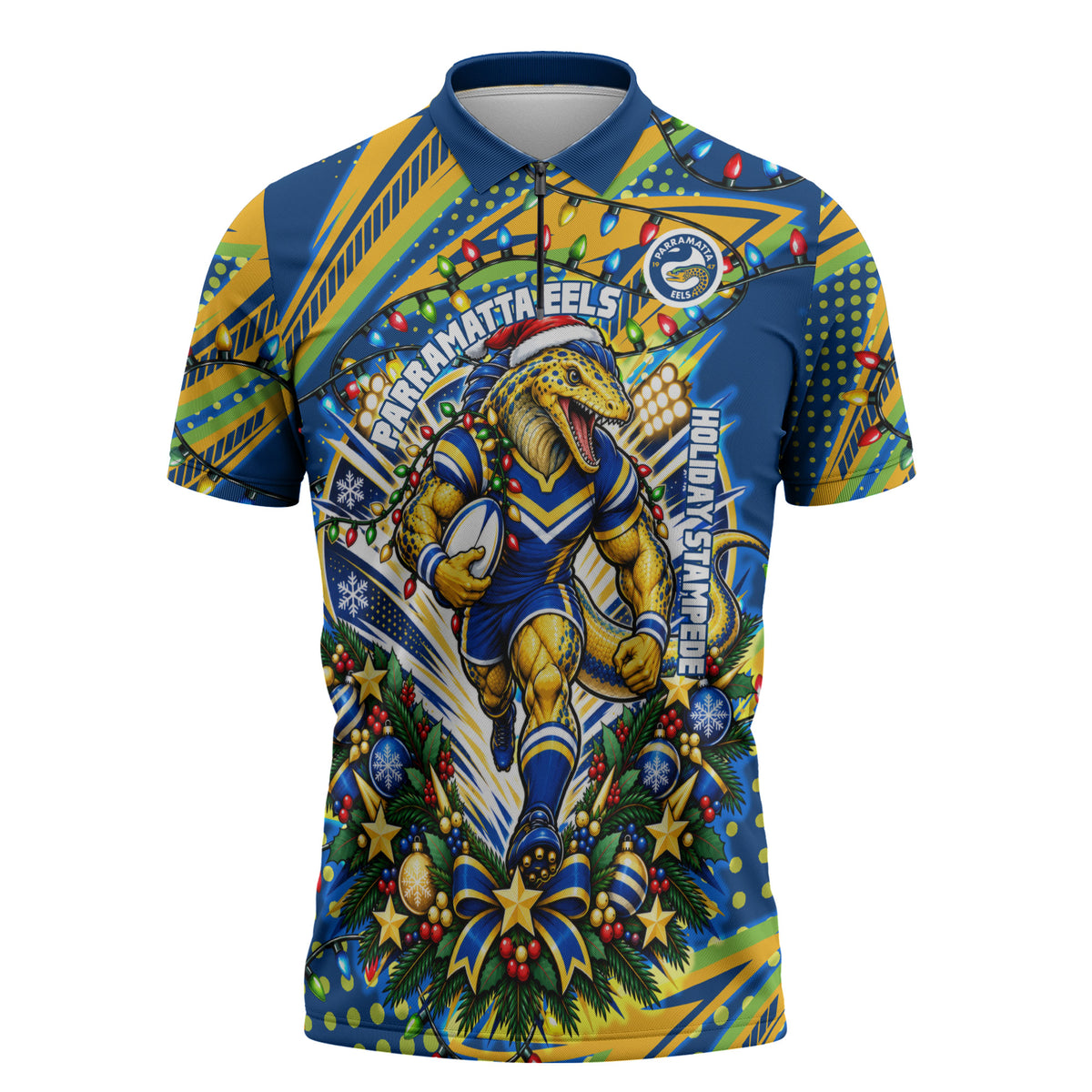 Personalized Parramatta Eels Rugby Christmas Zipper Polo Shirt Holiday Mascot Graphic Art Festive Lights Bow