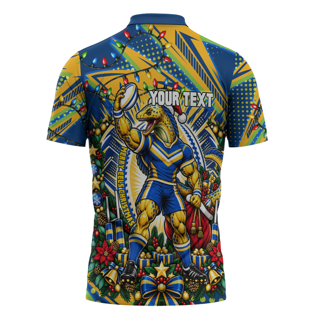 Personalized Parramatta Eels Rugby Christmas Zipper Polo Shirt Holiday Mascot Graphic Art Festive Lights Bow