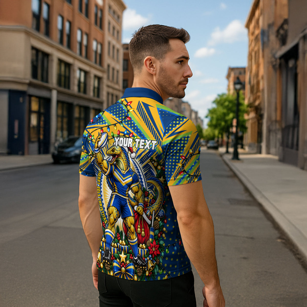 Personalized Parramatta Eels Rugby Christmas Zipper Polo Shirt Holiday Mascot Graphic Art Festive Lights Bow