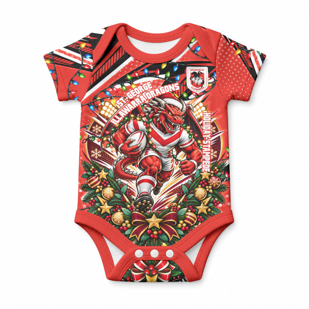 Personalized St. George Illawarra Dragons Rugby Christmas Baby Onesie Holiday Mascot Graphic Art Festive Lights Bow