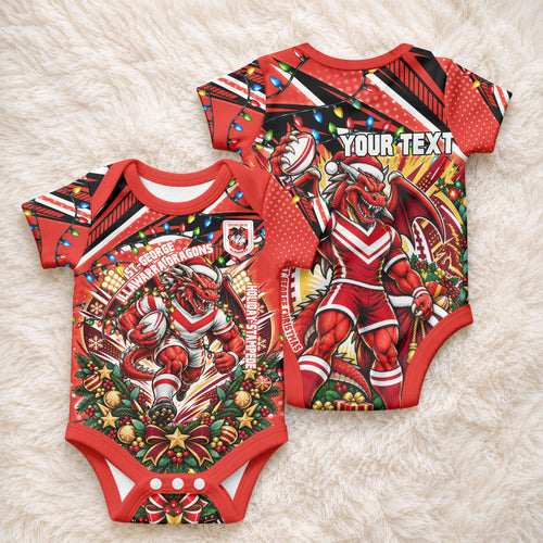 Personalized St. George Illawarra Dragons Rugby Christmas Baby Onesie Holiday Mascot Graphic Art Festive Lights Bow