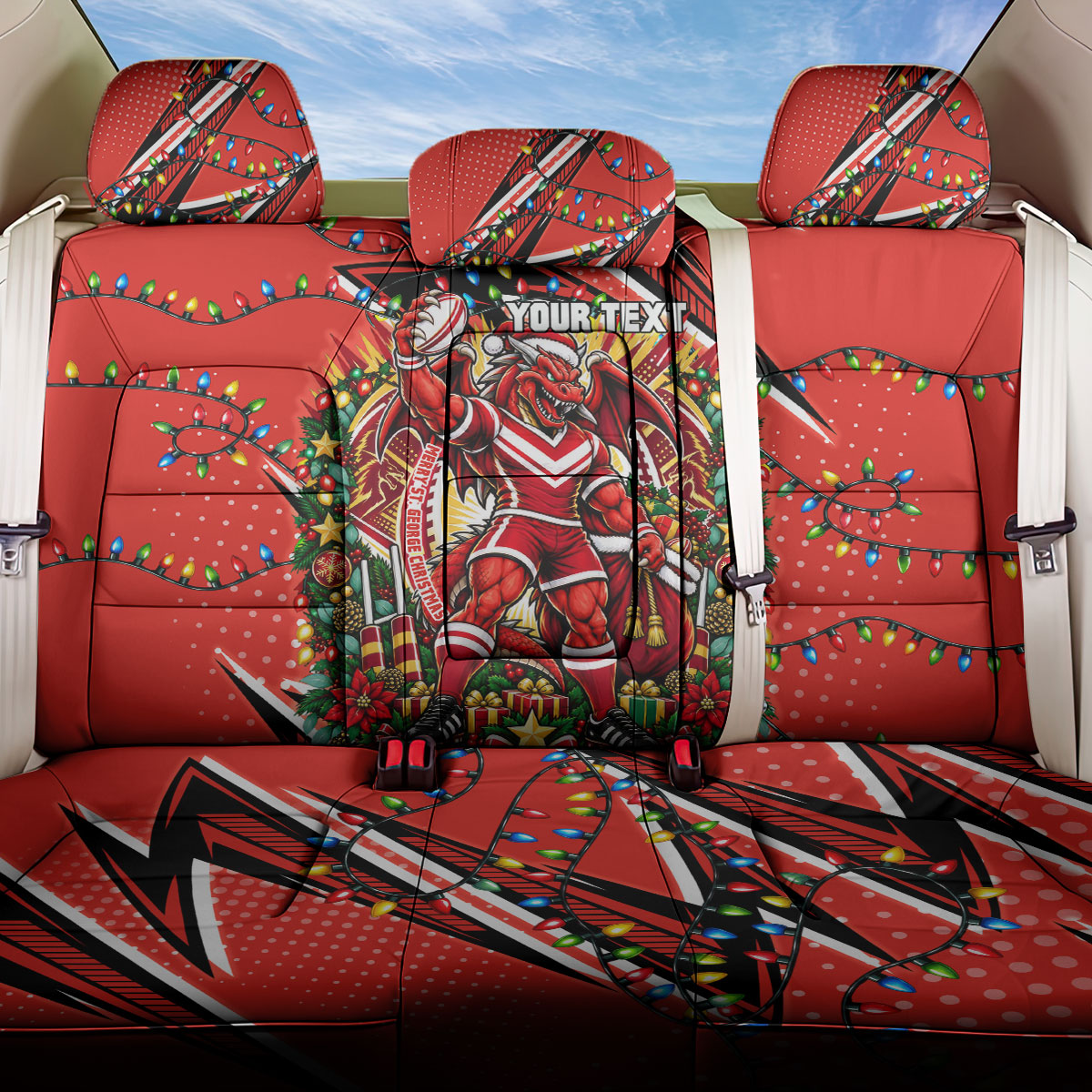 Personalized St. George Illawarra Dragons Rugby Christmas Back Car Seat Cover Holiday Mascot Graphic Art Festive Lights Bow