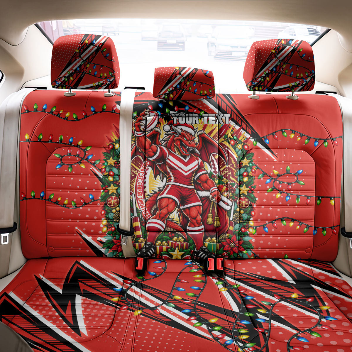 Personalized St. George Illawarra Dragons Rugby Christmas Back Car Seat Cover Holiday Mascot Graphic Art Festive Lights Bow