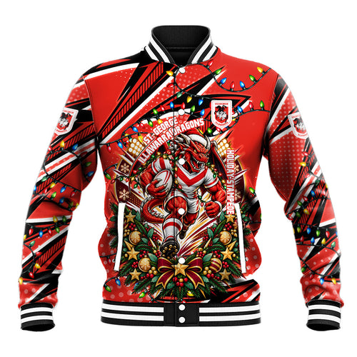 Personalized St. George Illawarra Dragons Rugby Christmas Baseball Jacket Holiday Mascot Graphic Art Festive Lights Bow