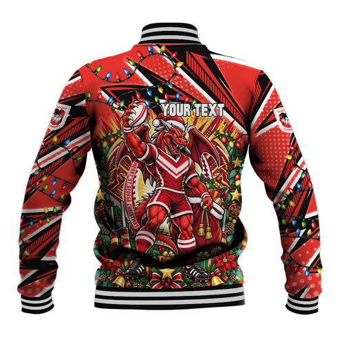Personalized St. George Illawarra Dragons Rugby Christmas Baseball Jacket Holiday Mascot Graphic Art Festive Lights Bow