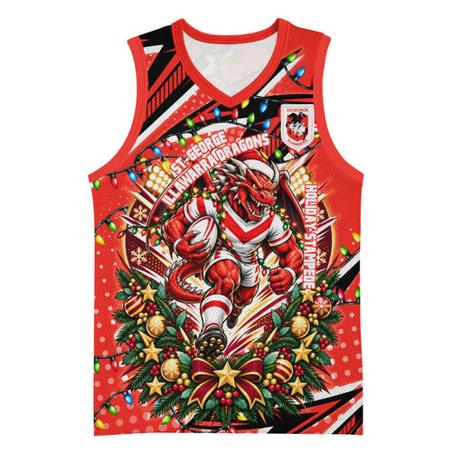 Personalized St. George Illawarra Dragons Rugby Christmas Basketball Jersey Holiday Mascot Graphic Art Festive Lights Bow